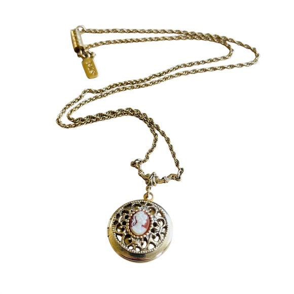 1928 Jewelry - VTG 1928 Co Locket Fob Dangle Necklace Cameo Victorian Style Gold Tone 18"